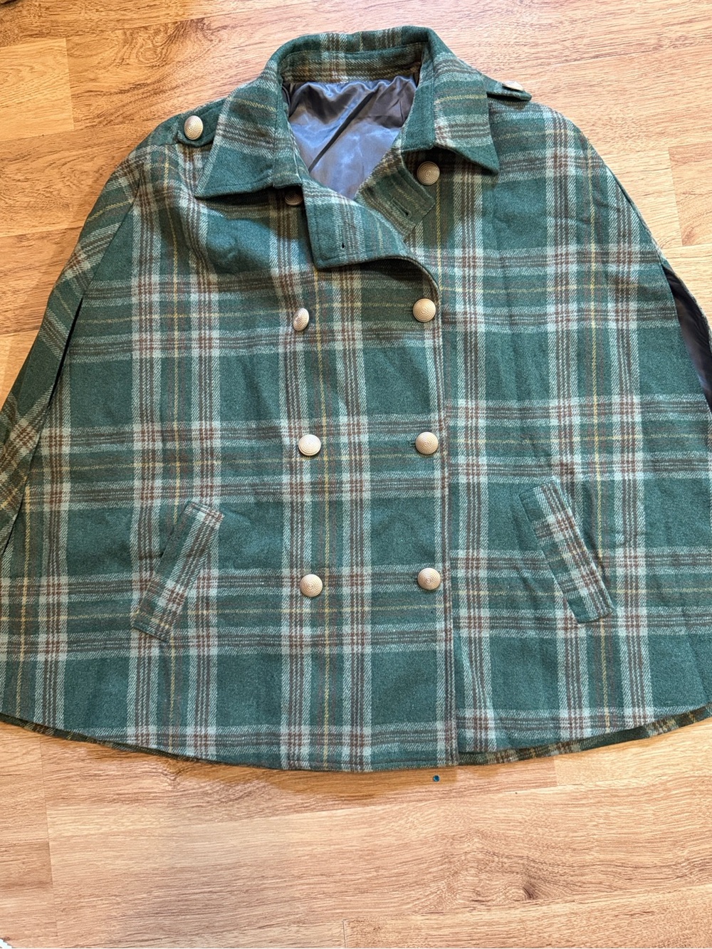 Green Plaid Double Breasted Cape Coat Gold Buttons Size S